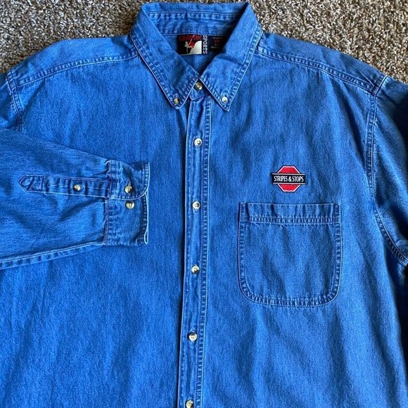 Graphic Sports Shirt Adult 2XL XXL Blue Denim Button Up Long Sleeve Logo Mens - Picture 2 of 11